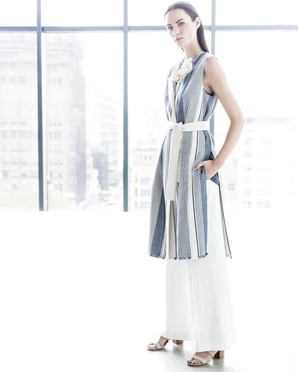 Lafayette 148 NY Fergie Calico Awning Stripe Long Vest Coat Blue Ivory Size M